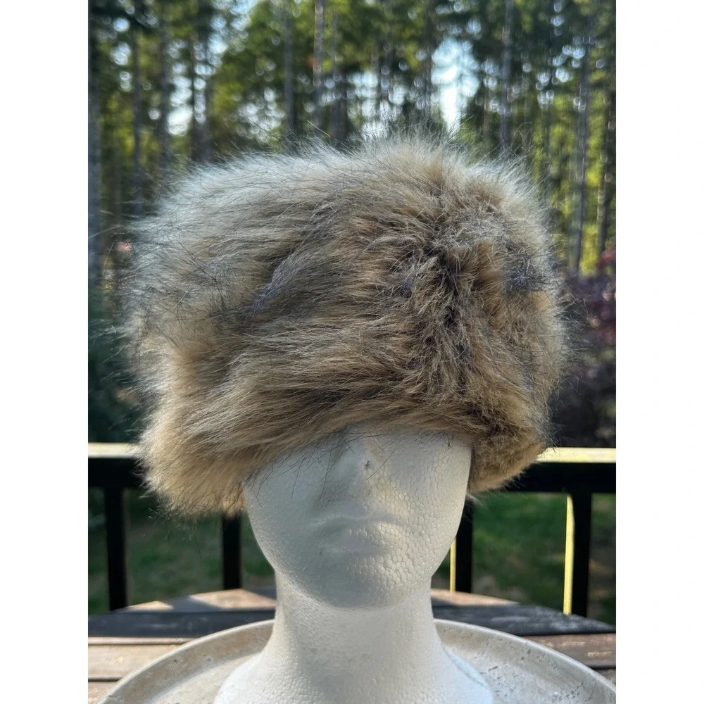 Brown Faux Fur Pillbox Hat Women's Winter Cossack Russian Style Cap 23 Inch